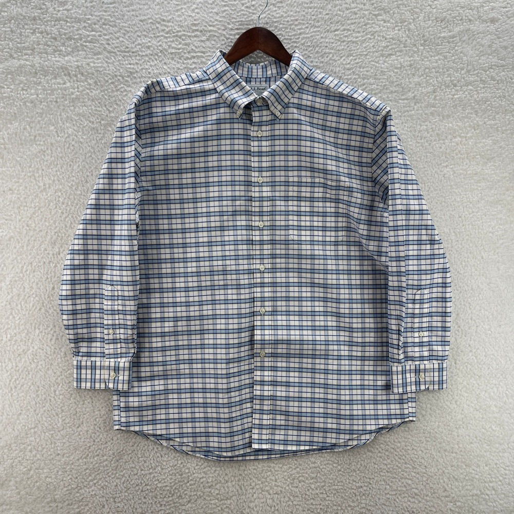 LL Bean Shirt Men 17.5 33 Blue Yellow Oxford OCBD Plaid Preppy Office University